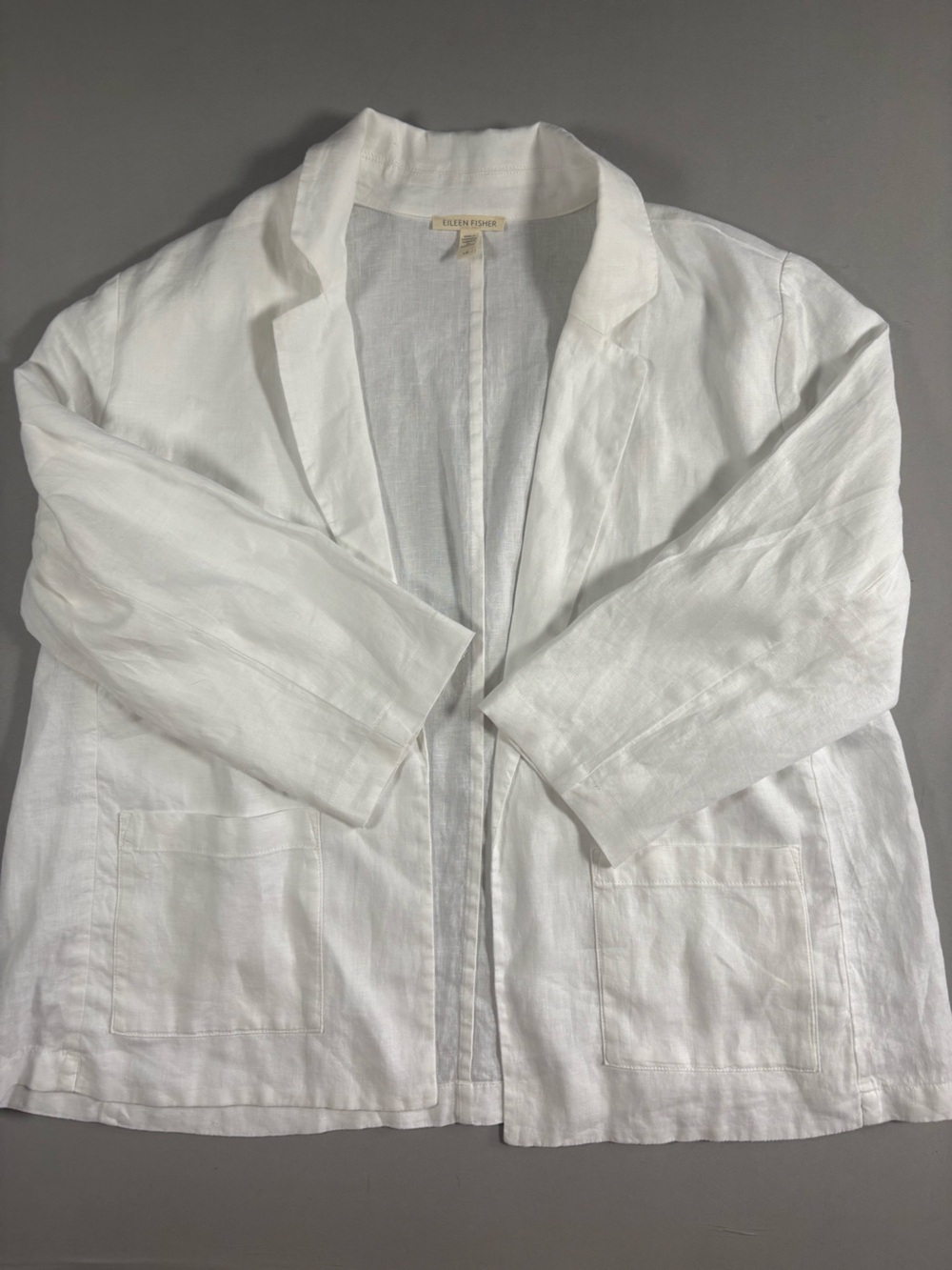 Eileen Fisher Organic Linen Notch Collar Long Blazer White Women's L Casual